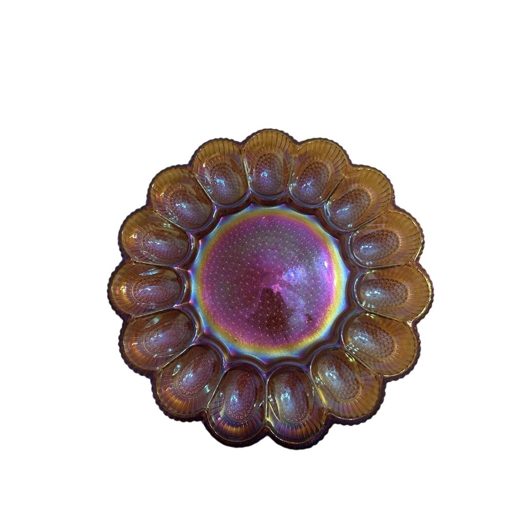 VTG Indiana Glass Hobnail Carnival Amber Iridescent Deviled Egg Plate 11"